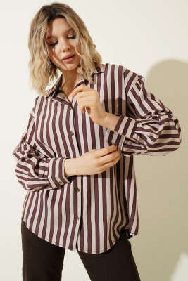 Metal Düğmeli Salaş Çizgili Gömlek Kahve - Kadın Giyim Modelleri