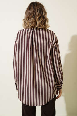 Metal Düğmeli Salaş Çizgili Gömlek Kahve - Kadın Giyim Modelleri