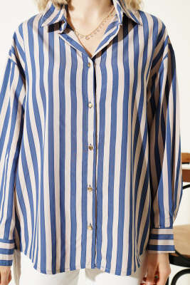  Metal Düğmeli Salaş Çizgili Gömlek Lacivert - Kadın Giyim Modelleri