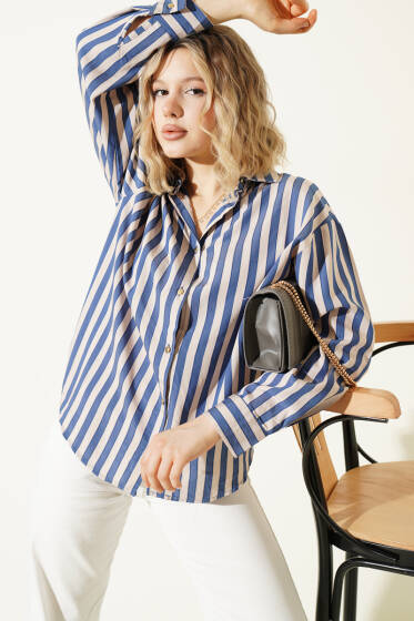  Metal Düğmeli Salaş Çizgili Gömlek Lacivert - Kadın Giyim Modelleri