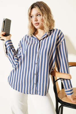  Metal Düğmeli Salaş Çizgili Gömlek Lacivert - Kadın Giyim Modelleri