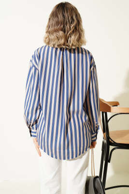  Metal Düğmeli Salaş Çizgili Gömlek Lacivert - Kadın Giyim Modelleri