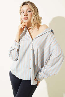  Metal Düğmeli Salaş Çizgili Gömlek Mavi - LEVURE