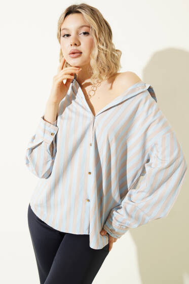  Metal Düğmeli Salaş Çizgili Gömlek Mavi - Kadın Giyim Modelleri