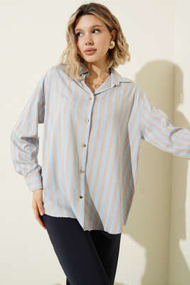  Metal Düğmeli Salaş Çizgili Gömlek Mavi - Kadın Giyim Modelleri