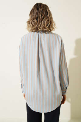  Metal Düğmeli Salaş Çizgili Gömlek Mavi - Kadın Giyim Modelleri