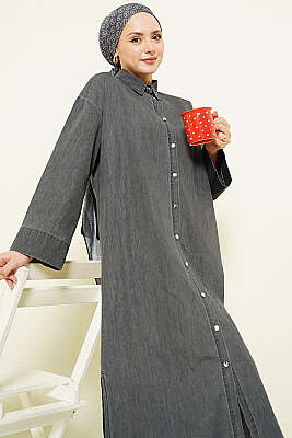 Metal Düğmeli Salaş Uzun Kot Tunik Füme - BERAT TEKSTİL