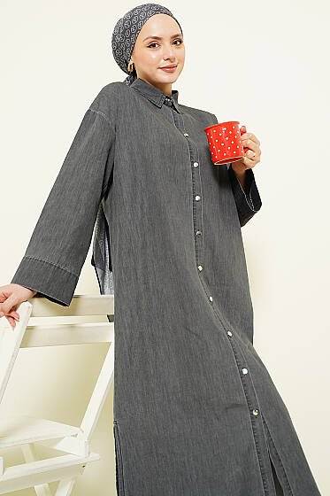 Metal Düğmeli Salaş Uzun Kot Tunik Füme - Tunik