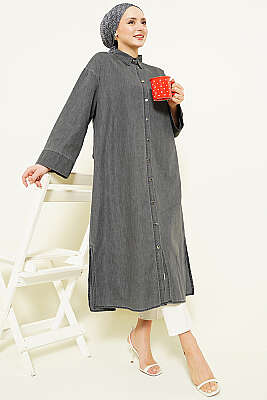 Metal Düğmeli Salaş Uzun Kot Tunik Füme - Tunik