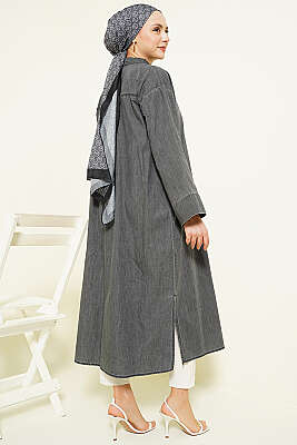 Metal Düğmeli Salaş Uzun Kot Tunik Füme - Tunik