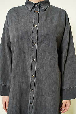 Metal Düğmeli Salaş Uzun Kot Tunik Füme - Tunik