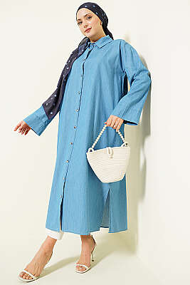 Metal Düğmeli Salaş Uzun Kot Tunik Kot Mavisi - BERAT TEKSTİL