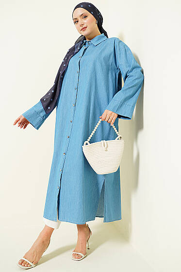 Metal Düğmeli Salaş Uzun Kot Tunik Kot Mavisi - Tunik