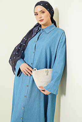 Metal Düğmeli Salaş Uzun Kot Tunik Kot Mavisi - Tunik