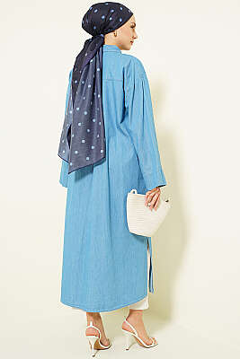 Metal Düğmeli Salaş Uzun Kot Tunik Kot Mavisi - Tunik