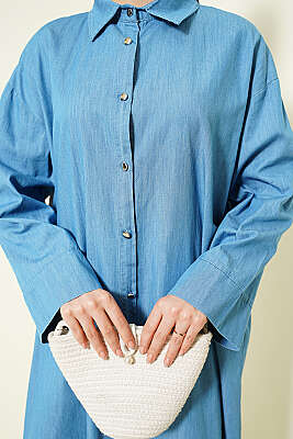 Metal Düğmeli Salaş Uzun Kot Tunik Kot Mavisi - Tunik