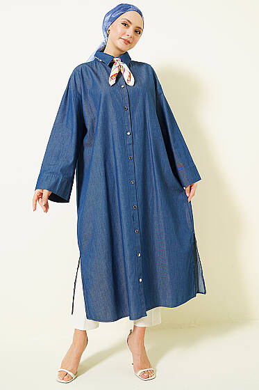 Metal Düğmeli Salaş Uzun Kot Tunik Kot - Tunik