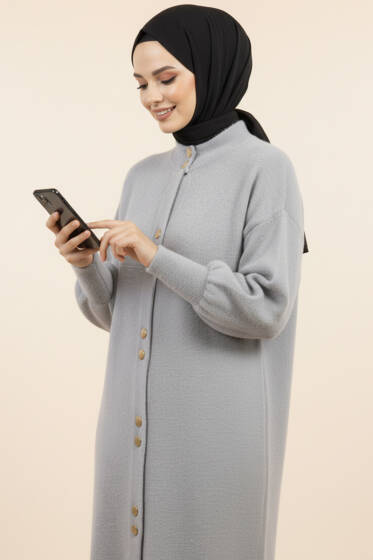 Metal Düğmeli Uzun Sakallı Hırka Gri - Hırka