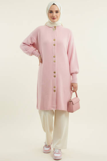 Metal Düğmeli Uzun Sakallı Hırka Pembe - Hırka