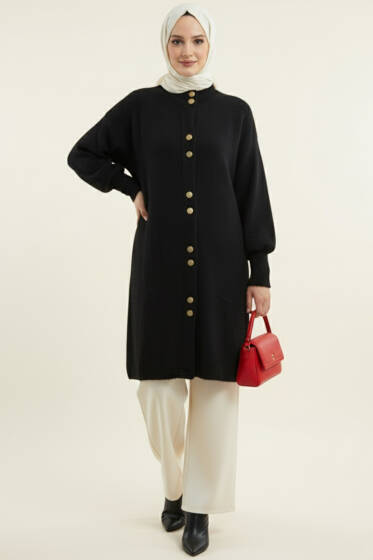 Metal Düğmeli Uzun Sakallı Hırka Siyah - Hırka