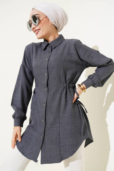 Metal Düğmeli Yanı Bağlamalı Gömlek Füme - Gömlek