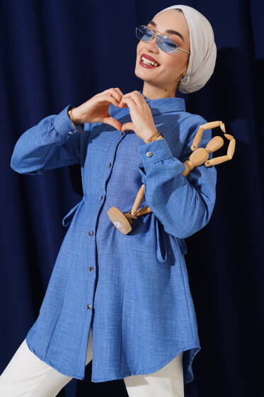 Metal Düğmeli Yanı Bağlamalı Gömlek İndigo - Gömlek