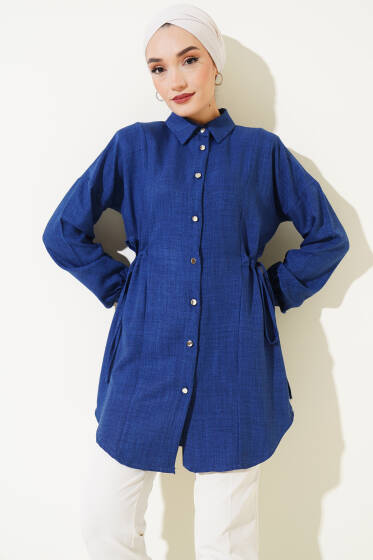 Metal Düğmeli Yanı Bağlamalı Gömlek Lacivert - Gömlek