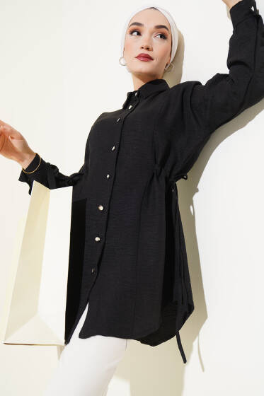 Metal Düğmeli Yanı Bağlamalı Gömlek Siyah - Gömlek