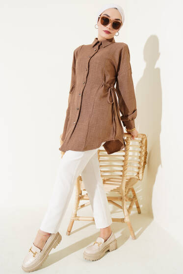 Metal Düğmeli Yanı Bağlamalı Gömlek Taba - Gömlek