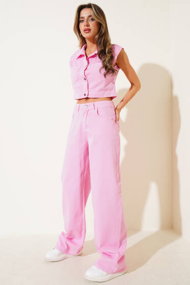 Metal Düğmeli Yelekli Kot İkili Takım Pembe - Kadın Giyim Modelleri