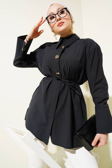 Metal Fiyonk Düğmeli Gömlek Siyah - Gömlek