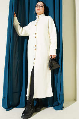 Metal Gold Düğmeli Uzun Triko Hırka Ekru - RAFİMİX