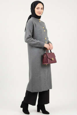 Metal Gold Düğmeli Uzun Triko Hırka Füme - RAFİMİX