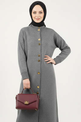 Metal Gold Düğmeli Uzun Triko Hırka Füme - Hırka