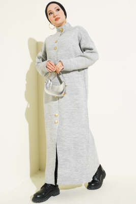 Metal Gold Düğmeli Uzun Triko Hırka Gri - RAFİMİX