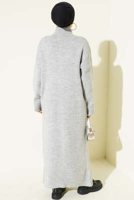 Metal Gold Düğmeli Uzun Triko Hırka Gri - Hırka