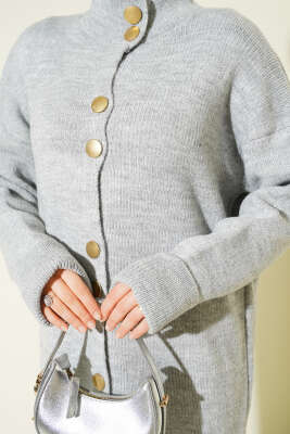 Metal Gold Düğmeli Uzun Triko Hırka Gri - Hırka