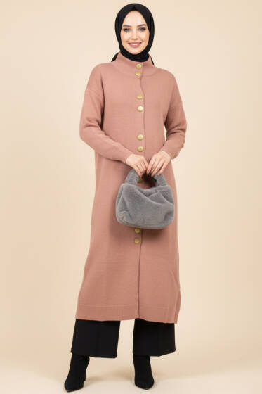 Metal Gold Düğmeli Uzun Triko Hırka Gül Kurusu - Hırka