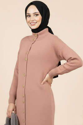 Metal Gold Düğmeli Uzun Triko Hırka Gül Kurusu - Hırka