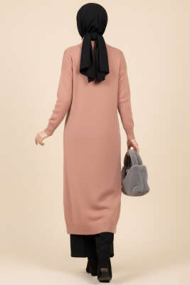 Metal Gold Düğmeli Uzun Triko Hırka Gül Kurusu - Hırka