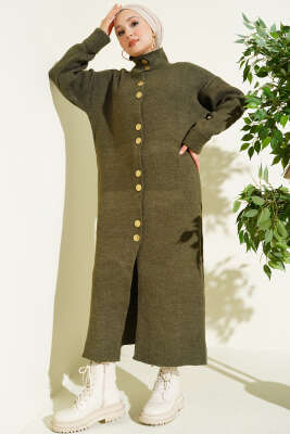 Metal Gold Düğmeli Uzun Triko Hırka Haki - Hırka