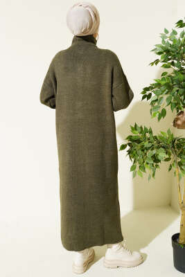 Metal Gold Düğmeli Uzun Triko Hırka Haki - Hırka