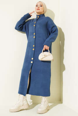 Metal Gold Düğmeli Uzun Triko Hırka İndigo - RAFİMİX