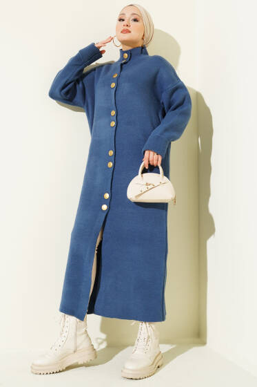 Metal Gold Düğmeli Uzun Triko Hırka İndigo - Hırka