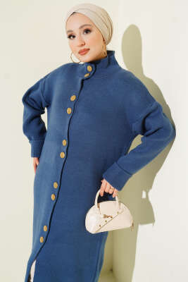 Metal Gold Düğmeli Uzun Triko Hırka İndigo - Hırka