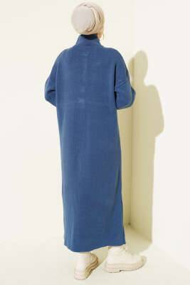 Metal Gold Düğmeli Uzun Triko Hırka İndigo - Hırka