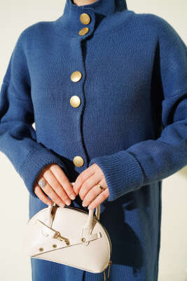 Metal Gold Düğmeli Uzun Triko Hırka İndigo - Hırka