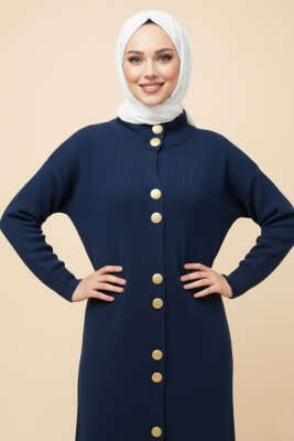 Metal Gold Düğmeli Uzun Triko Hırka Lacivert - Hırka