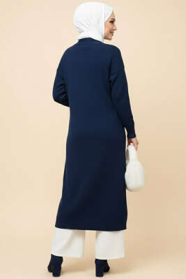 Metal Gold Düğmeli Uzun Triko Hırka Lacivert - Hırka