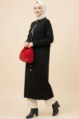 Metal Gold Düğmeli Uzun Triko Hırka Siyah - RAFİMİX